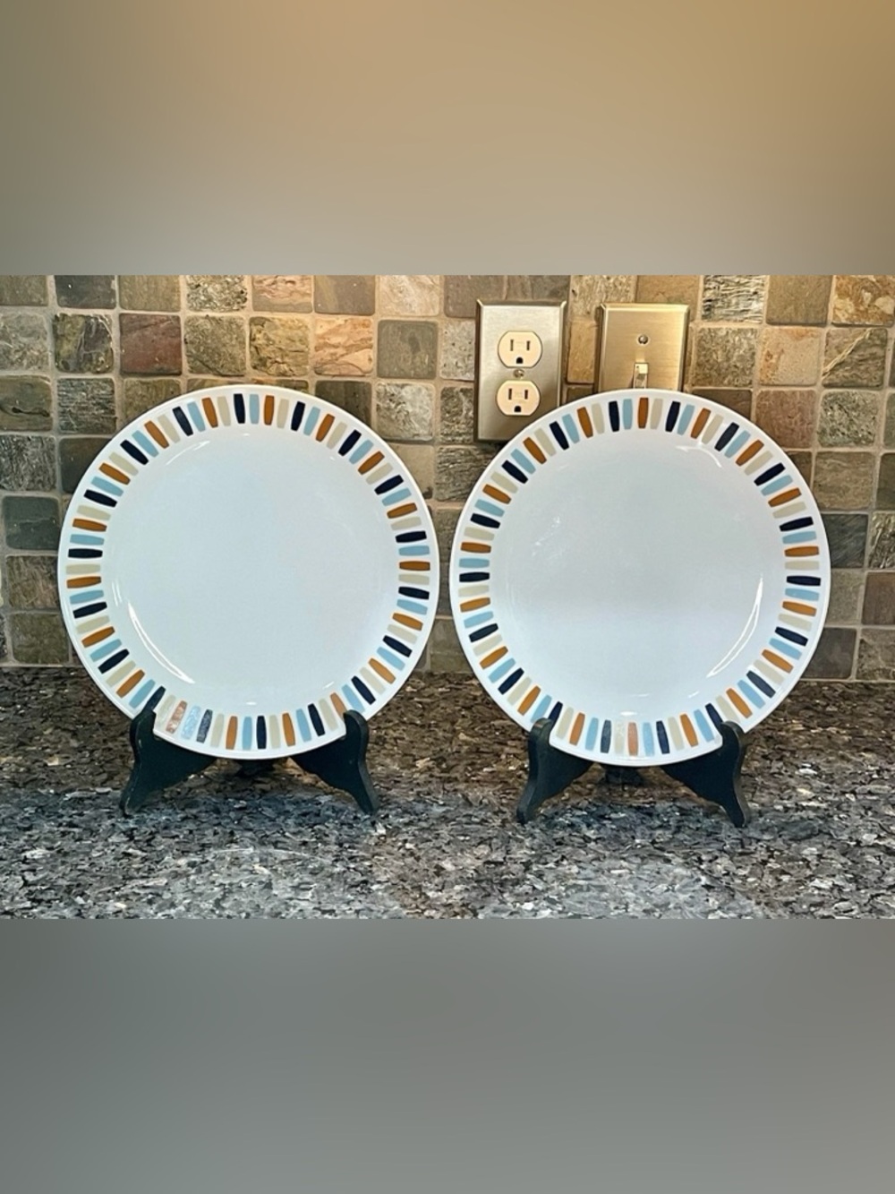 Corelle Payden 10.25” White Dinner Plates w/ Retro Blue, Tan & Navy Stripe Rim